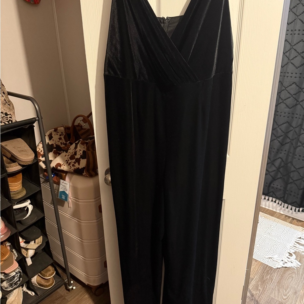 David's Bridal Black Velvet Jumpsuit with V-Neckline